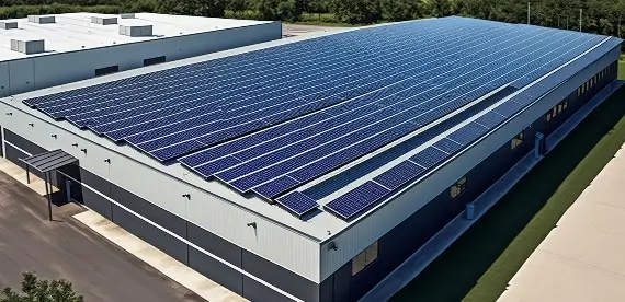 A solar panel array on a commercial roof.