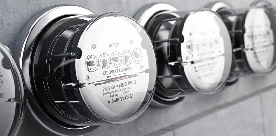 Close up view of electric meters on a building.